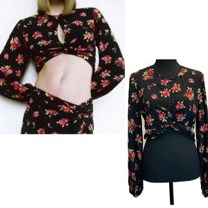 Zara black red flower floral print front twist peep hole long sleeve blouse top